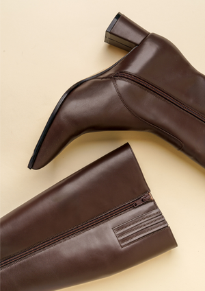 Chocolate Brown Calf Leather Lower Block Tall Boot