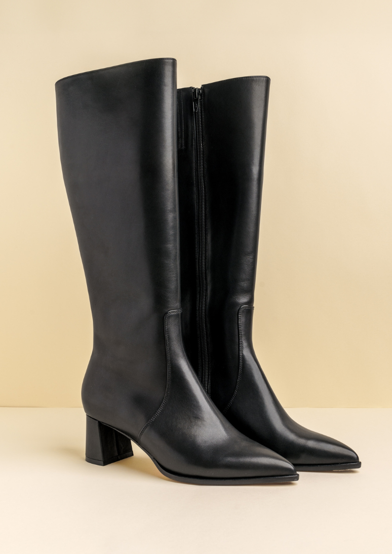 Black Calf Leather Lower Block Tall Boot