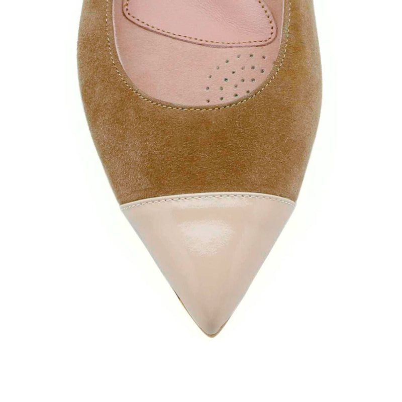 Tenacious Tan Suede with Tender Taupe Patent Leather Cap Toe Flat