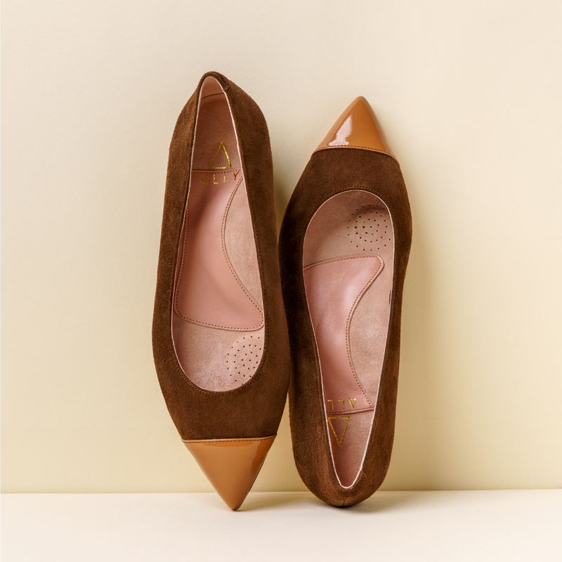 Moxie Mocha Suede with Bronze Bliss Patent Leather Cap Toe Flat