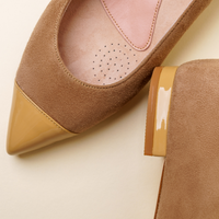 Tenacious Tan Suede with Desert Dune Patent Leather Cap Toe Flat