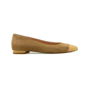 Tenacious Tan Suede with Desert Dune Patent Leather Cap Toe Flat