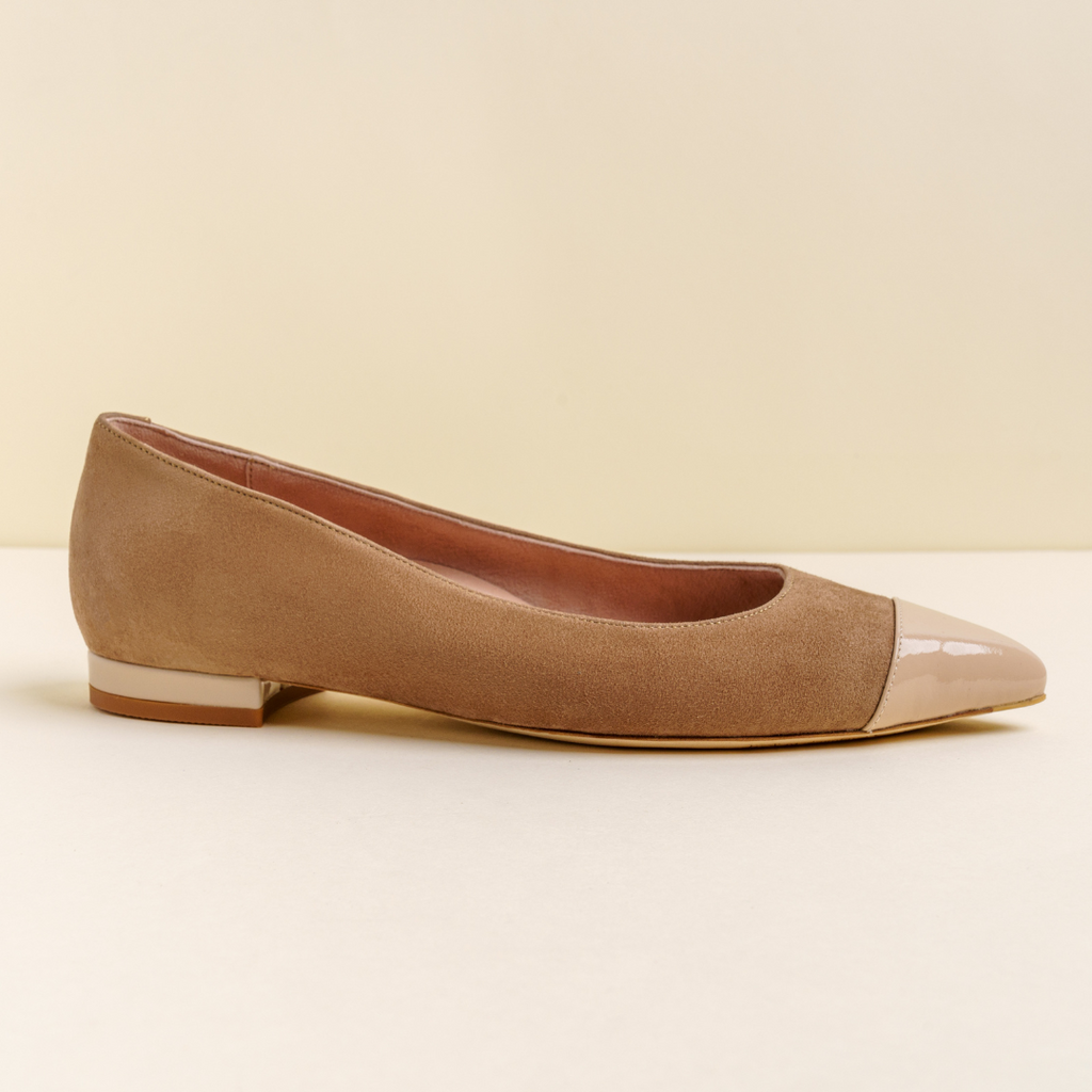 Tenacious Tan Suede with Tender Taupe Patent Leather Cap Toe Flat