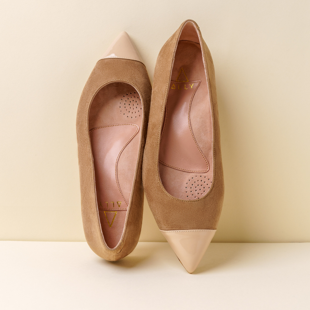 Tenacious Tan Suede with Tender Taupe Patent Leather Cap Toe Flat