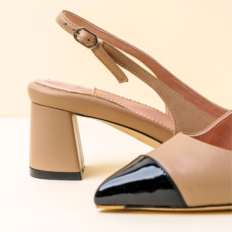 Bossy Beige Cap Toe Slingback Lower Block Heel