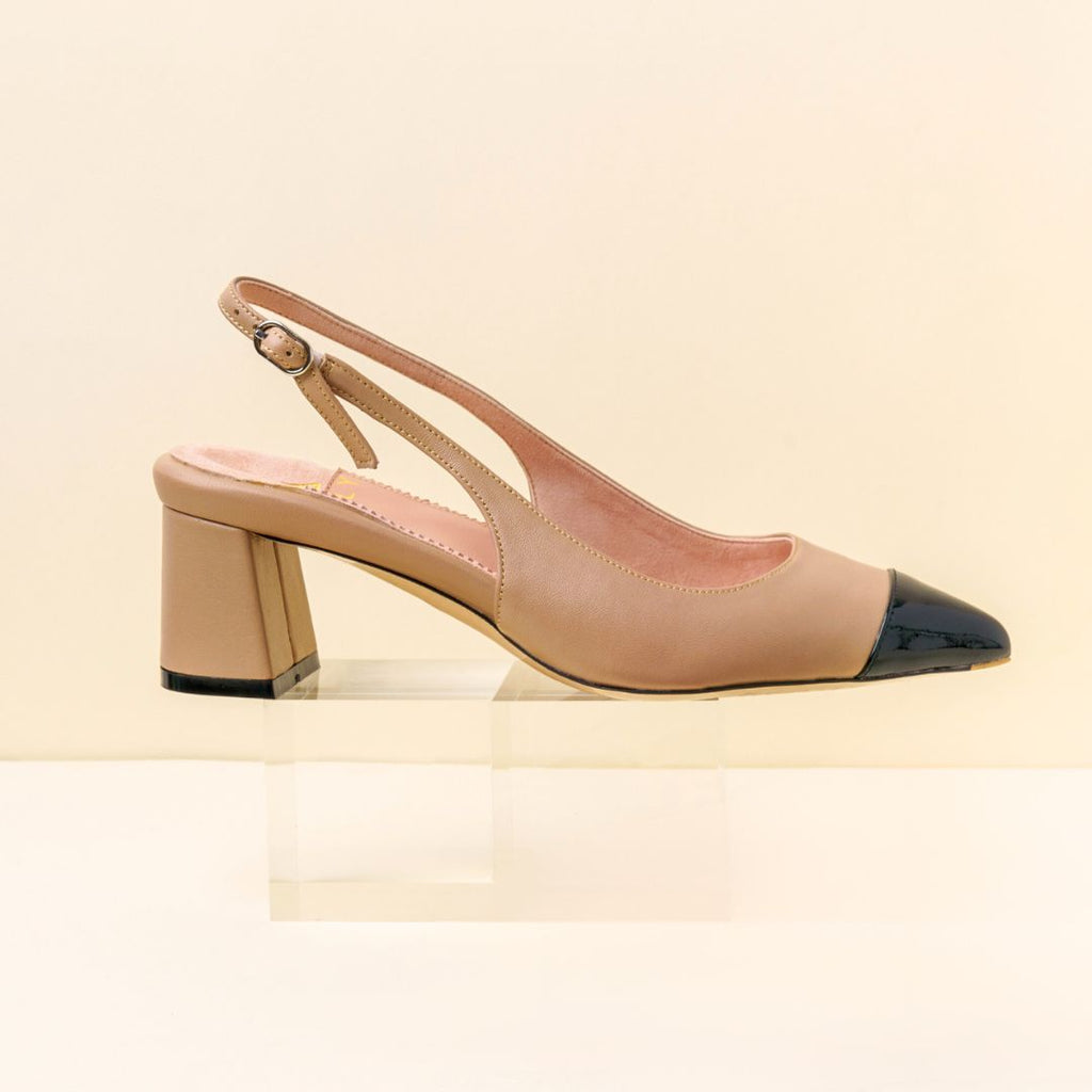 Bossy Beige Cap Toe Slingback Lower Block Heel