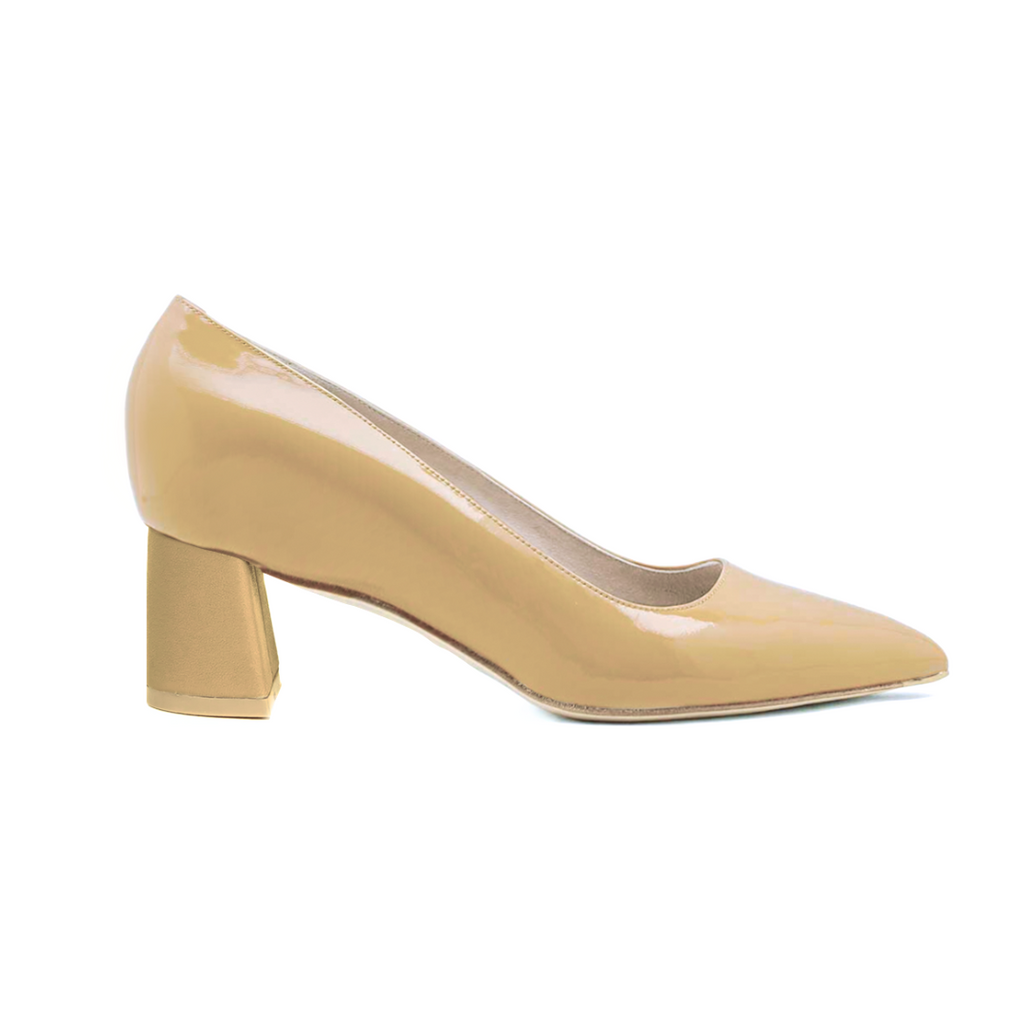 Desert Dune Patent Leather Lower Block Heel Pump