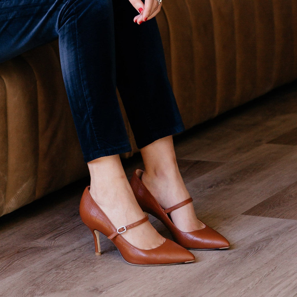 Cognac Embossed Leather Mary Jane Pump