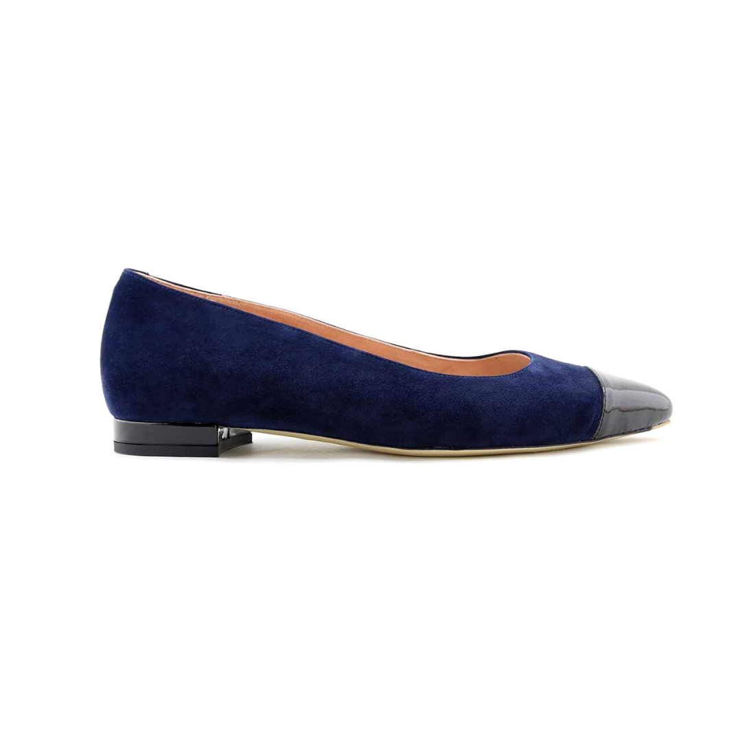 Navy Suede Black Patent Leather Cap Toe Flat | ALLY Shoes