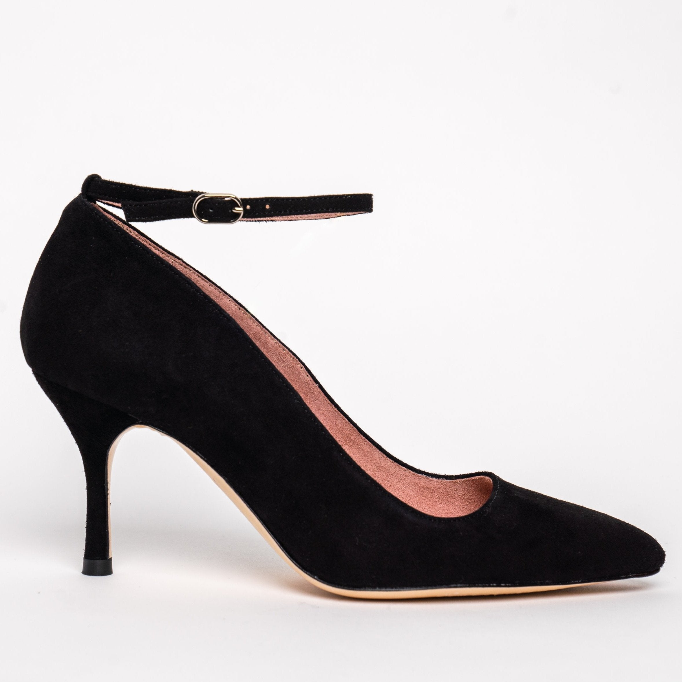Womens Pointed Toe Ankle Strap Block Heel Pumps, Black Suede, Size 10 | Rainbow Shops
