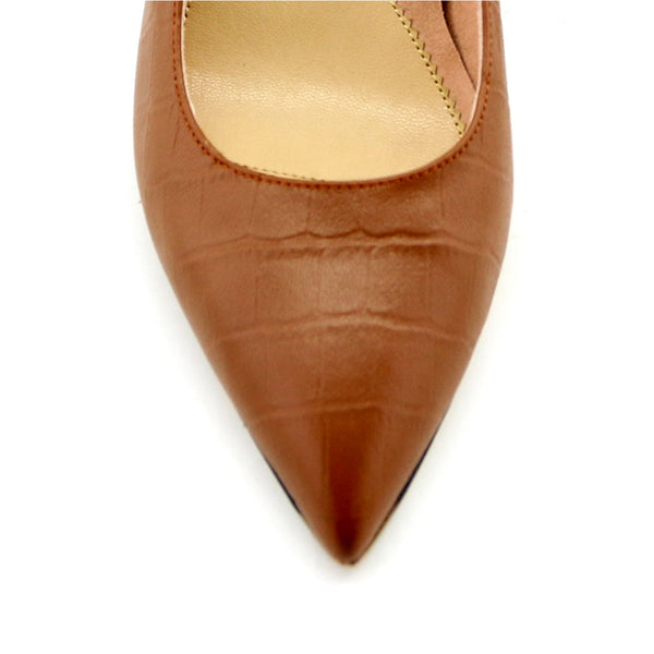 Cognac Embossed Leather Lower Block Heel - ALLY Shoes