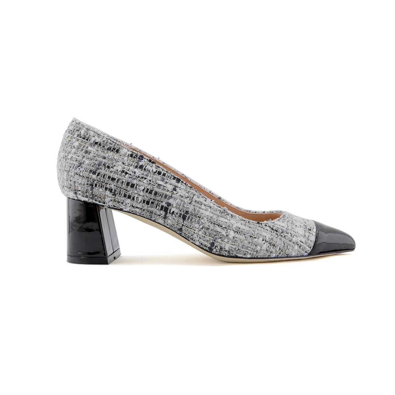 Gray Tweed Cap Toe Lower Block Heel Pump | ALLY Shoes