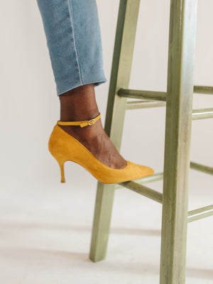 Sassy Saffron Suede Ankle Strap Pump